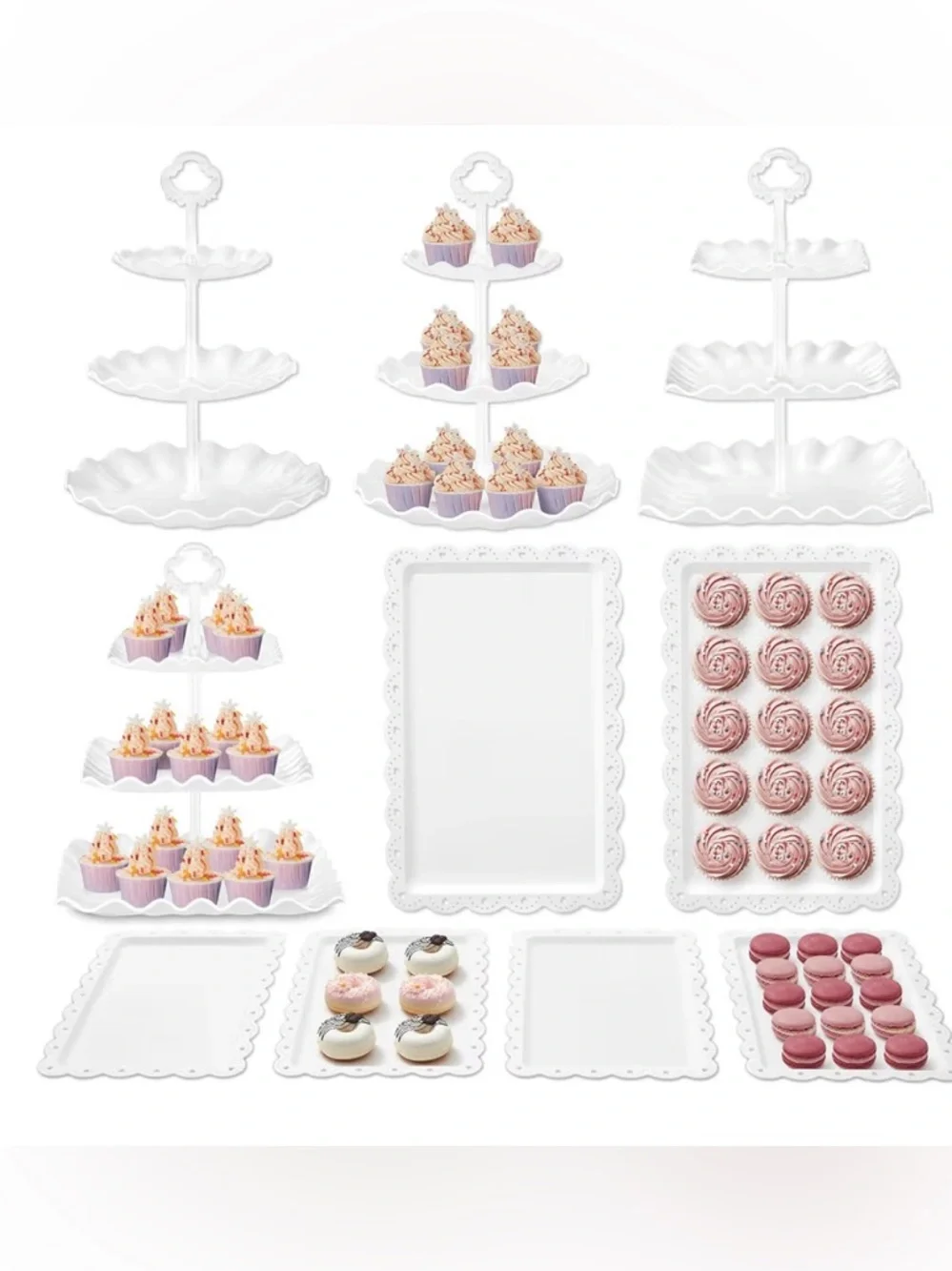 White Scalloped 3-Tier Dessert Stand & Tray Set for Parties
